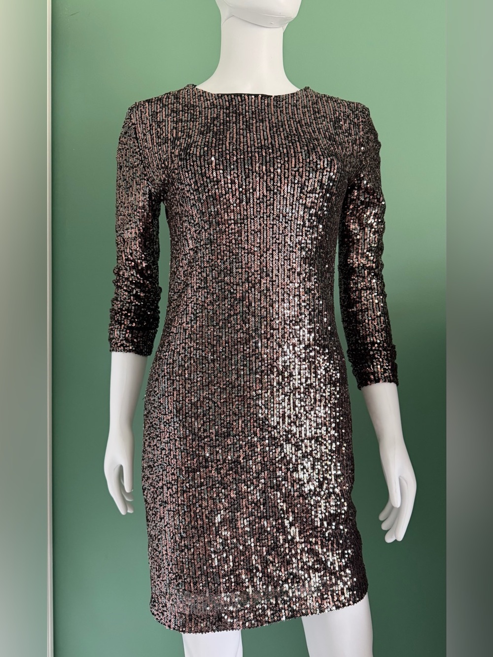 Mango Long Sleeve Bronze Toned Sequined Midi Dress